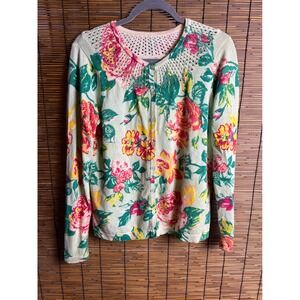 Floral Cotton Cardigan Sweater Crochet Lace Yoke Mint Pink Yellow Large